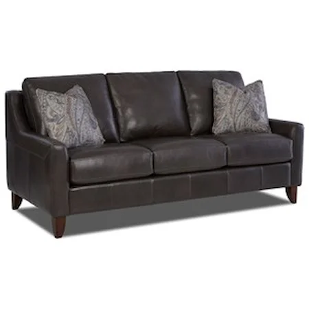 Leather Sofa with Track Arms and Fabric Pillows